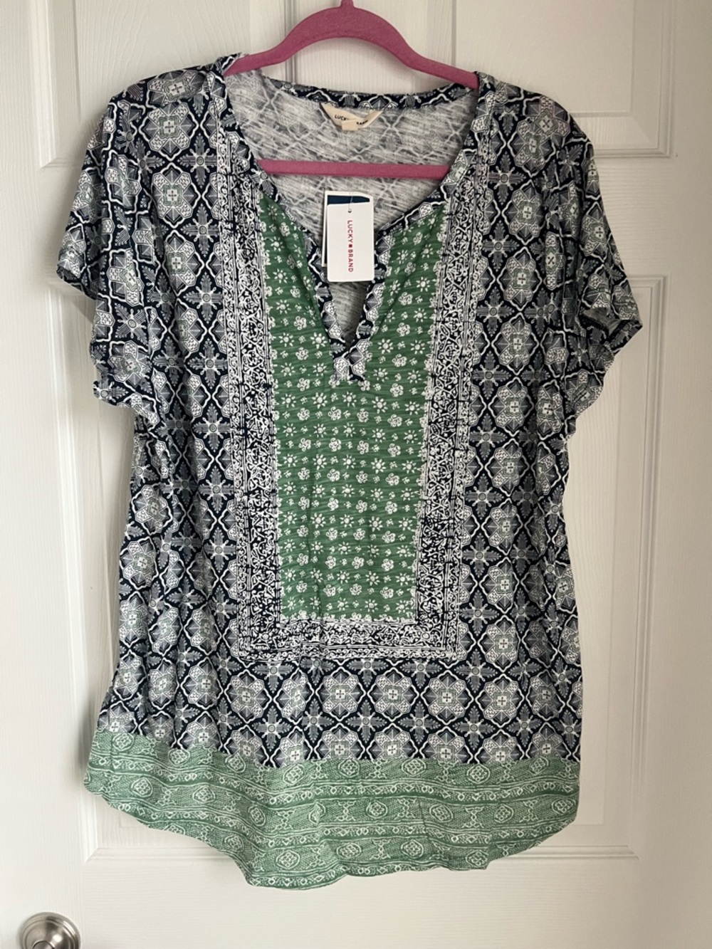 Lucky Brand Black & Green Printed Short Sleeve Tunic
